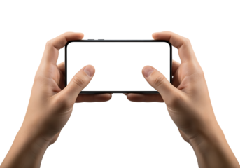 Male hands holding a smartphone horizontally with blank screen for mockup. Isolated on transparent background, png