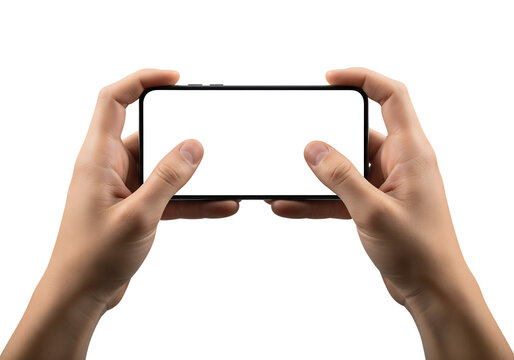 Male hands holding a smartphone horizontally with blank screen for mockup. Isolated on transparent background, png