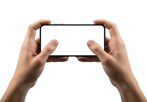 Male hands holding a smartphone horizontally with blank screen for mockup. Isolated on transparent background, png