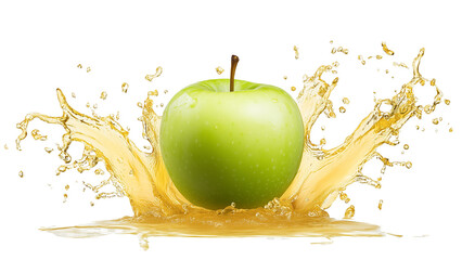 
juicy splash of apple juice surrounding a crisp green apple in the middle, isolated on a transparent background
