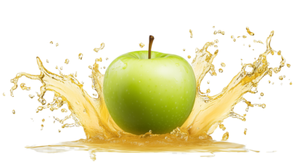 
juicy splash of apple juice surrounding a crisp green apple in the middle, isolated on a transparent background