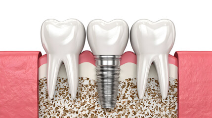 Dental implant procedure demonstrating placement between two natural teeth in a realistic anatomical model at a dental clinic