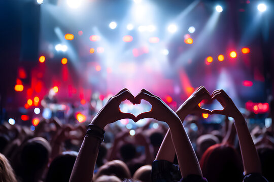 Fans express their love with heart shapes during an energetic concert under vibrant stage lights in the evening