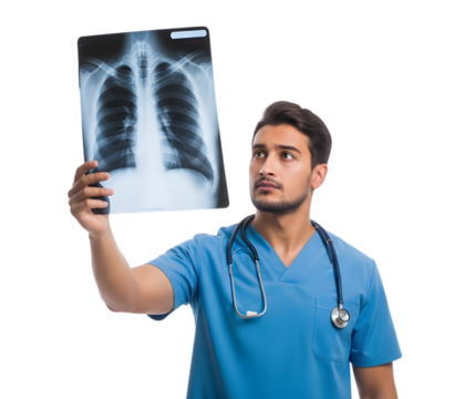 A Male Radiologist Carefully Analyzing a Chest X-ray for Medical Diagnosis on isolated transparent background.