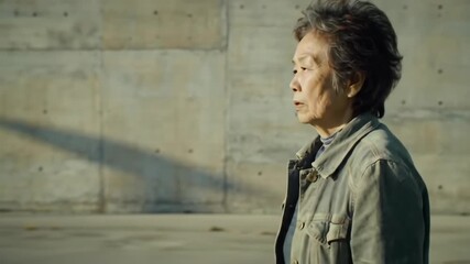 Contemplative senior woman looks into the distance with a concrete wall