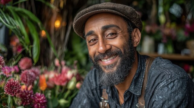 A man with a beard and hat smiles warmly while sitting among various vibrant flowers in a floral shop. The atmosphere is bright and inviting, showcasing nature's beauty.