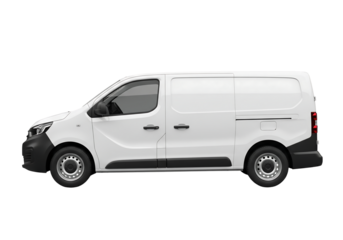 White cargo panel van side view, commercial vehicle mockup for branding. Isolated on transparent background, png