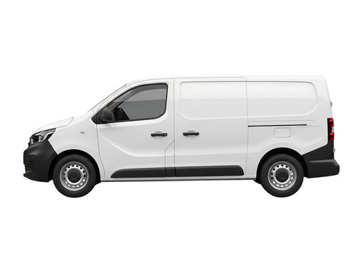 White cargo panel van side view, commercial vehicle mockup for branding. Isolated on transparent background, png