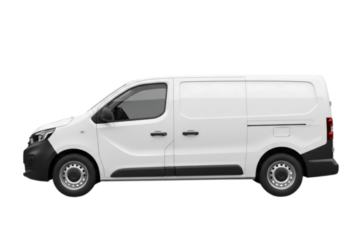 White cargo panel van side view, commercial vehicle mockup for branding. Isolated on transparent background, png