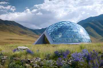 Modern geodesic dome home located in a lush valley surrounded by mountains during a bright sunny day with scattered clouds in the sky