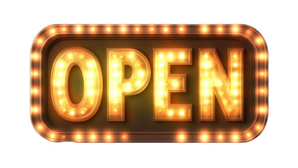 vintage-style "OPEN" sign with retro typography, with a warm glowing effect around the letters, isolated on a transparent background