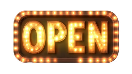 vintage-style "OPEN" sign with retro typography, with a warm glowing effect around the letters, isolated on a transparent background