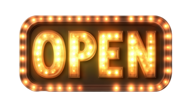 vintage-style "OPEN" sign with retro typography, with a warm glowing effect around the letters, isolated on a transparent background