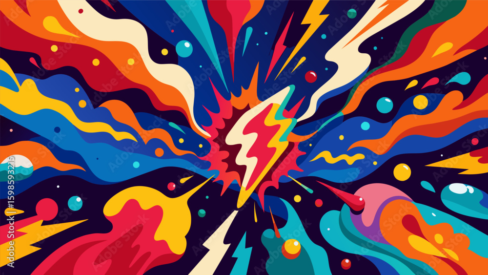 Poster a large abstract painting with splashes of bold colors and intricate patterns reminiscent of the ene