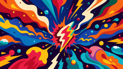 Obraz premium A large abstract painting with splashes of bold colors and intricate patterns reminiscent of the energetic rock song blaring in the background.. Vector illustration
