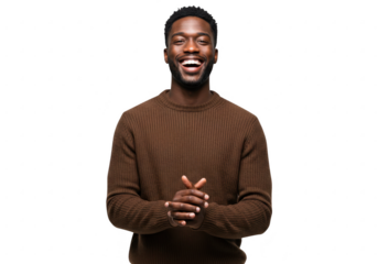 Joyful black man laughing wearing a brown sweater isolated on transparent background