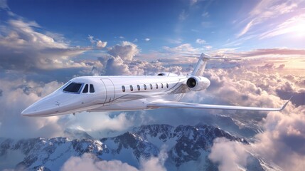 Naklejka premium A sleek private jet soars high above majestic snow-covered mountains, illuminated by the warm hues of a breathtaking sunset with fluffy clouds scattered across the sky.