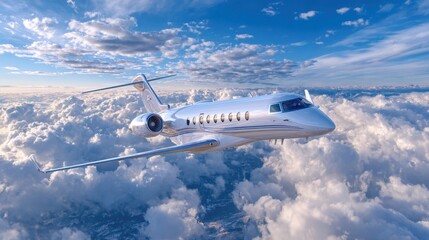 Naklejka premium A sleek luxury jet navigates through a vibrant blue sky filled with fluffy white clouds. The aircraft is depicted in flight, emphasizing the thrill of air travel.