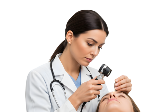 A Professional Female Dermatologist Using a Dermatoscope for a Detailed Skin Examination on isolated transparent background.