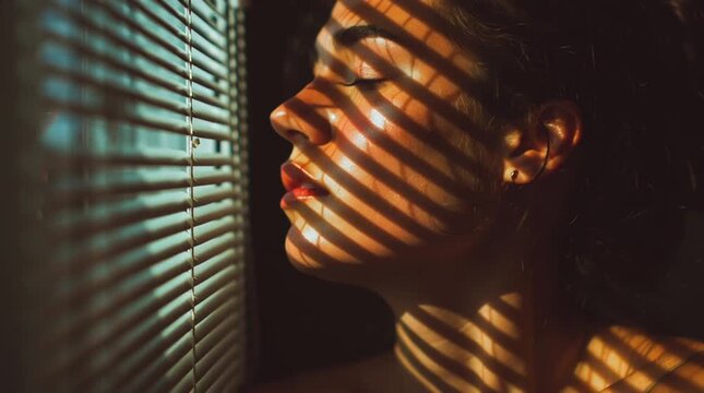 A woman with closed eyes bathed in striped sunlight from window blinds in a dark room setting indoors