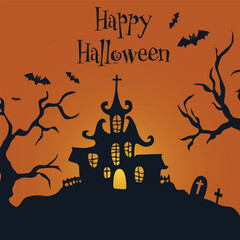 A spooky Halloween scene featuring a haunted house, bats, and eerie trees under a full moon. Perfect for Halloween themed designs, invitations, or decorations. Flat vector modern illustration