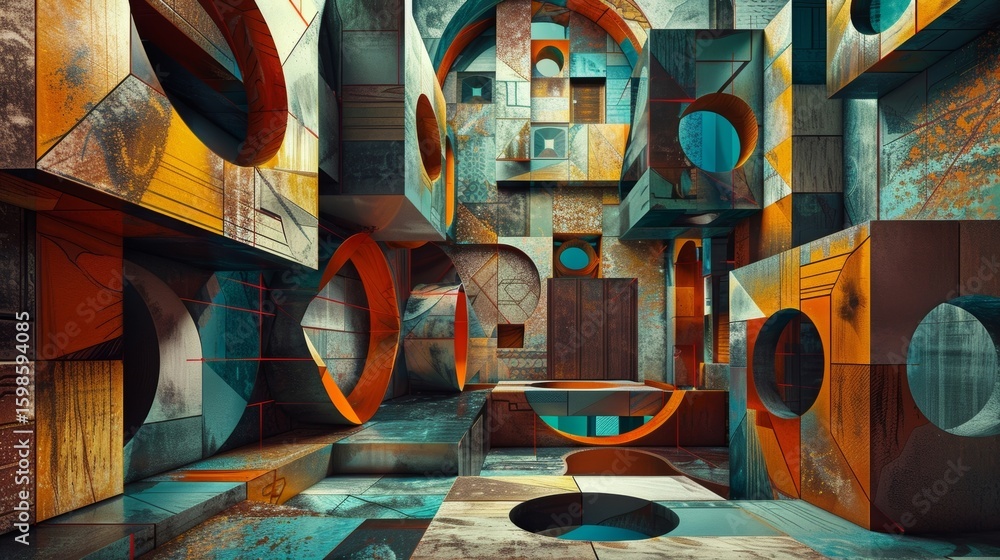 Poster a mesmerizing composition of cubist forms and patterns giving life to an otherwise still arrangement