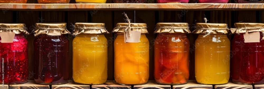 Poster a display of colorful jars filled with homemade jams and preserves each label adorned with handwritt