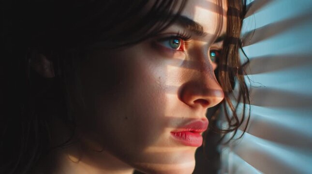Close up portrait of a woman with light shining on her face looking out a window with blinds visible