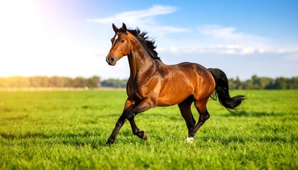 Fototapeta premium Majestic brown horse galloping across a vibrant green field under a radiant sky