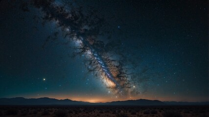 Fototapeta premium The majestic milky way galaxy shines over a desolate desert landscape at night.