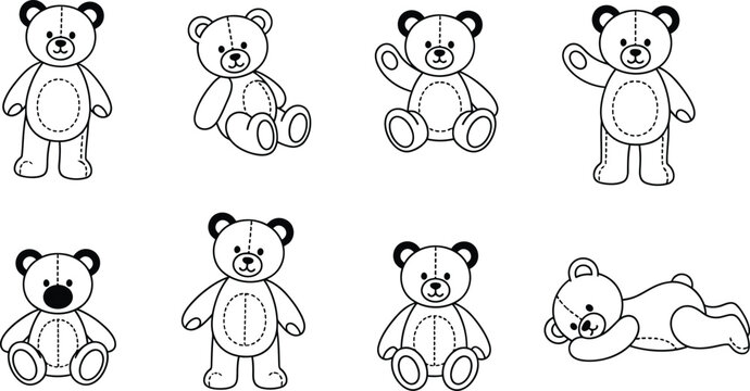 Teddy bear vector set. Collection of cute cartoon characters in different poses. Black and white outline illustration for a coloring book, icons, or kids' design, isolated on a white background.
