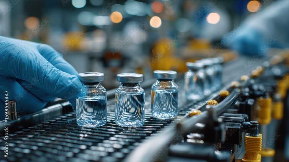 Poster skilled workers handle vaccine vials on a conveyor belt in a laboratory, ensuring quality control an