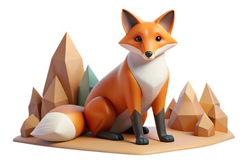 Orange fox sitting among geometric crystals isolated on a transparent background