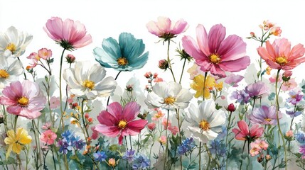 A diverse array of wildflowers in full bloom creates a stunning visual display in spring. The field features shades of pink, white, blue, and yellow under bright sunlight.