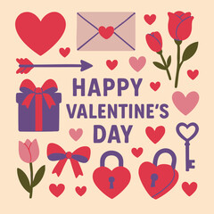 Happy Valentines Day card with hearts, flowers, and gifts