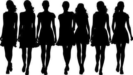 Eight fashion model silhouettes in a row, each mid-walk in a catwalk strut pose. Their short dresses flutter slightly, with varying high-fashion styles. The profiles are clean and dynamic, placed on a