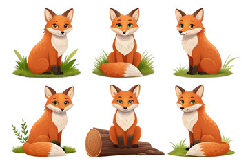 Six cartoon foxes sitting on grass and log isolated on a transparent background