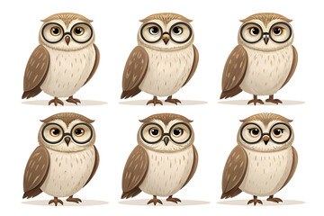 Six cartoon owls wearing glasses isolated on a transparent background 4