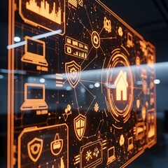 Futuristic Home Automation Interface Displaying Smart Home Security and Control System with Glowing Orange Icons