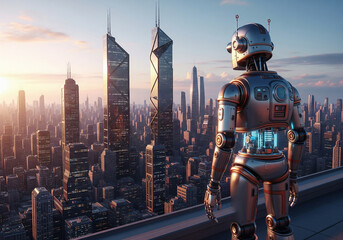 Naklejka premium Dawn of Tomorrow: Robot Overlooking a Grand Futuristic City