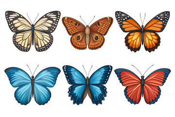 Six colorful butterflies on black background isolated on a transparent background