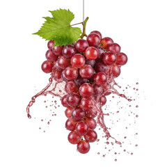 Ripe red grapes with splashing juice and green leaf isolated on a transparent background fruit
