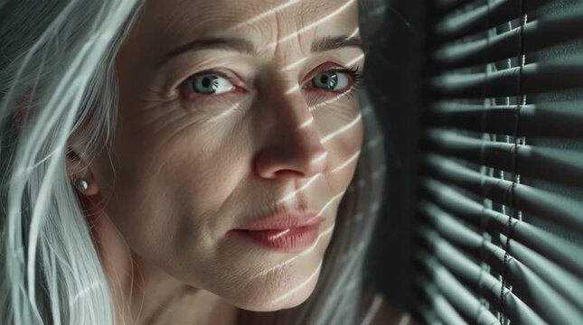Close up of a woman with gray hair looking through blinds with light casting shadows on her face