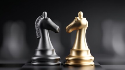 As golden and black knights stand ready to face each other on a chessboard, the surrounding pieces are obscured from view, setting the scene for a game that will test the players' strategic thinking