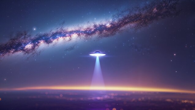 A ufo hovers above a city, with a dazzling galaxy in the background.