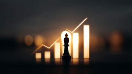 A chessboard is the backdrop for the arrangement of chess pieces and a bar chart, with a dazzling, fuzzy background, indicating deliberate business moves