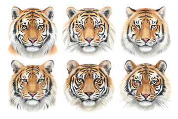 Six realistic tiger heads on black background isolated on a transparent background
