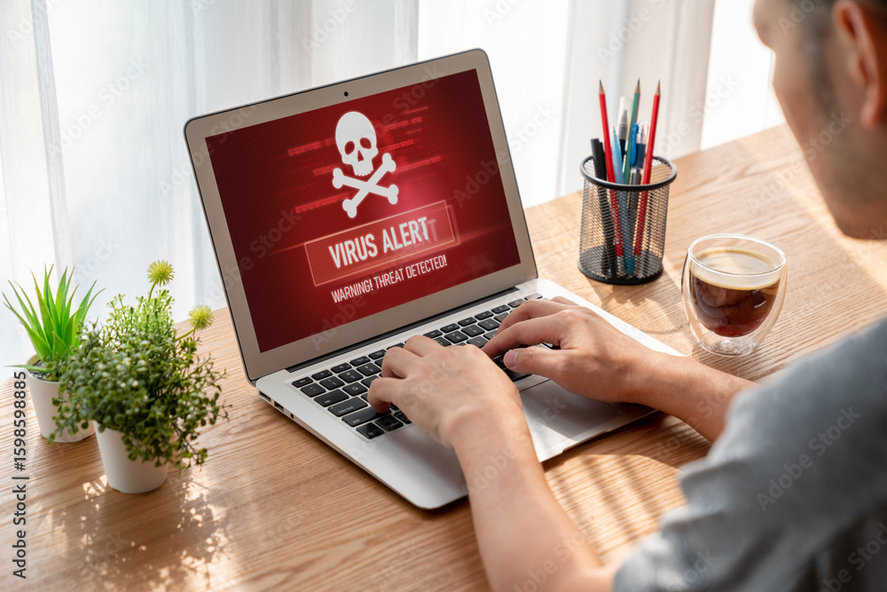 Aufkleber virus warning alert on computer screen detected modish cyber threat , hacker, computer virus and mal
