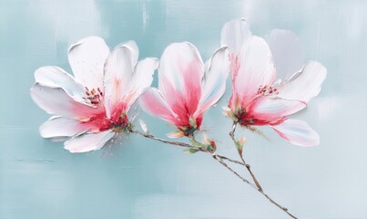 A dark blue and green background serves as the setting for a textured floral painting of pink blossoms and buds