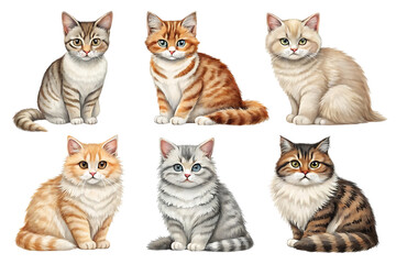 Six watercolor cats in different colors isolated on a transparent background